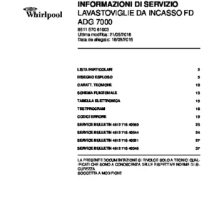 Whirlpool adg 7000 italiano service manual cover integrated dishwasher showing service information and table of contents with spare parts list, exploded view, circuit diagram, program chart, test program, error codes, and service bulletins.