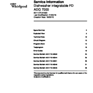 Whirlpool adg 7000 service manual cover integrated dishwasher showing service information and table of contents with spare parts list, exploded view, circuit diagram, program chart, test program, error codes, and service bulletins.