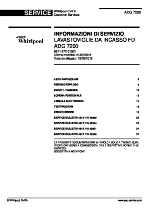 Whirlpool adg 7200 italy service manual cover integrated dishwasher showing service information and table of contents with spare parts list, exploded view, circuit diagram, program chart, test program, error codes, and service bulletins.