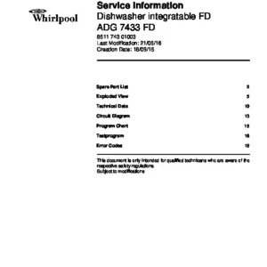 Whirlpool adg 7433 fd service manual cover integrated dishwasher showing service information and table of contents with spare parts list, exploded view, circuit diagram, program chart, test program, error codes, and service bulletins.