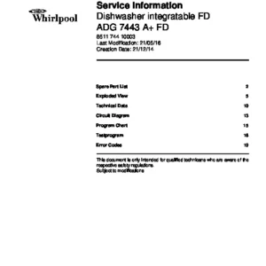 Whirlpool adg 7443 a fd service manual cover integrated dishwasher showing service information and table of contents with spare parts list, exploded view, circuit diagram, program chart, test program, error codes, and service bulletins.