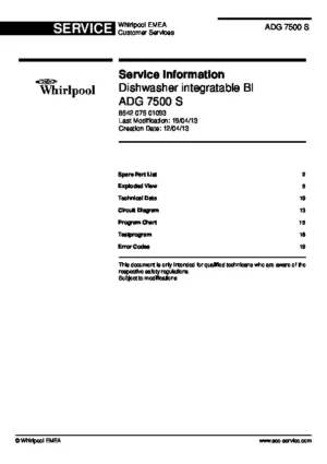 Whirlpool adg 7500 s service manual cover integrated dishwasher showing service information and table of contents with spare parts list, exploded view, circuit diagram, program chart, test program, error codes, and service bulletins.
