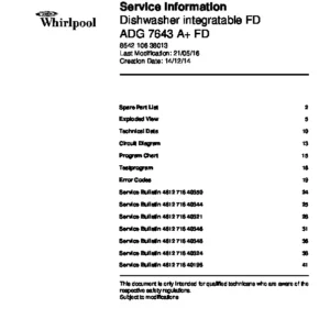 Whirlpool adg 7643 a fd service manual cover integrated dishwasher showing service information and table of contents with spare parts list, exploded view, circuit diagram, program chart, test program, error codes, and service bulletins.
