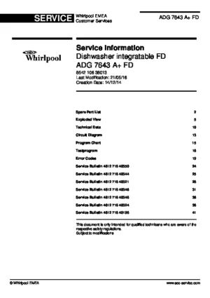 Whirlpool adg 7643 a fd service manual cover integrated dishwasher showing service information and table of contents with spare parts list, exploded view, circuit diagram, program chart, test program, error codes, and service bulletins.