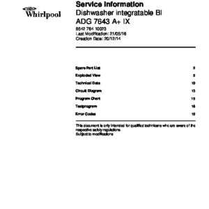 Whirlpool adg 7643 aix service manual cover integrated dishwasher showing service information and table of contents with spare parts list, exploded view, circuit diagram, program chart, test program, error codes, and service bulletins.