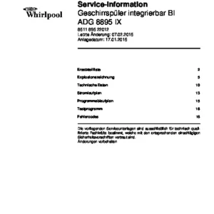 Whirlpool adg 8895 ix deutsch service manual cover integrated dishwasher showing service information and table of contents with spare parts list, exploded view, circuit diagram, program chart, test program, error codes, and service bulletins.