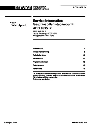 Whirlpool adg 8895 ix deutsch service manual cover integrated dishwasher showing service information and table of contents with spare parts list, exploded view, circuit diagram, program chart, test program, error codes, and service bulletins.
