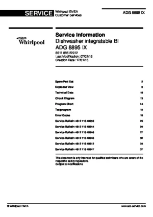 Whirlpool adg 8895 ix service manual cover integrated dishwasher showing service information and table of contents with spare parts list, exploded view, circuit diagram, program chart, test program, error codes, and service bulletins.