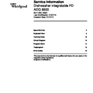Whirlpool adg 8900 service manual cover integrated dishwasher showing service information and table of contents with spare parts list, exploded view, circuit diagram, program chart, test program, error codes, and service bulletins.