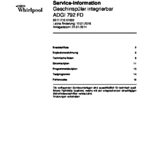 Whirlpool adgi 792 fd deutsch service manual cover integrated dishwasher showing service information and table of contents with spare parts list, exploded view, circuit diagram, program chart, test program, error codes, and service bulletins.