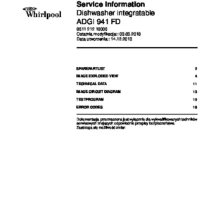 Whirlpool adgi 941 fd polish service manual cover integrated dishwasher showing service information and table of contents with spare parts list, exploded view, circuit diagram, program chart, test program, error codes, and service bulletins.