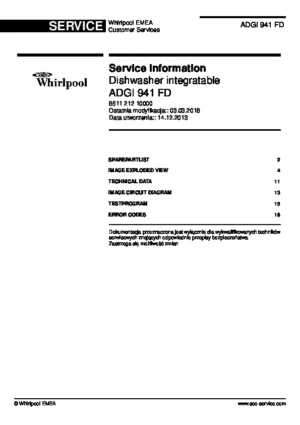 Whirlpool adgi 941 fd polish service manual cover integrated dishwasher showing service information and table of contents with spare parts list, exploded view, circuit diagram, program chart, test program, error codes, and service bulletins.