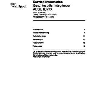 Whirlpool adgu 862 ix deutsch service manual cover integrated dishwasher showing service information and table of contents with spare parts list, exploded view, circuit diagram, program chart, test program, error codes, and service bulletins.