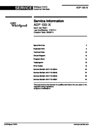 Whirlpool adp 100 ix service manual cover integrated dishwasher showing service information and table of contents with spare parts list, exploded view, circuit diagram, program chart, test program, error codes, and service bulletins.