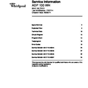 Whirlpool adp 100 wh service manual cover integrated dishwasher showing service information and table of contents with spare parts list, exploded view, circuit diagram, program chart, test program, error codes, and service bulletins.