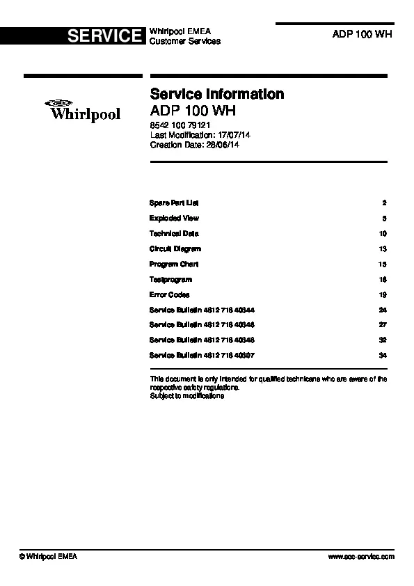 Whirlpool adp 100 wh service manual cover integrated dishwasher showing service information and table of contents with spare parts list, exploded view, circuit diagram, program chart, test program, error codes, and service bulletins.