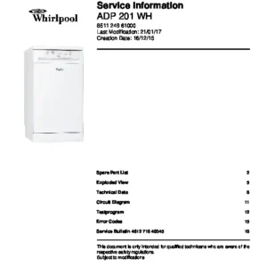 Whirlpool adp 201 wh service manual cover integrated dishwasher showing service information and table of contents with spare parts list, exploded view, circuit diagram, program chart, test program, error codes, and service bulletins.