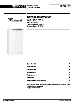 Whirlpool adp 201 wh service manual cover integrated dishwasher showing service information and table of contents with spare parts list, exploded view, circuit diagram, program chart, test program, error codes, and service bulletins.