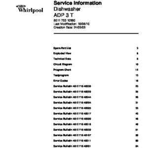 Whirlpool adp 3 t service manual cover integrated dishwasher showing service information and table of contents with spare parts list, exploded view, circuit diagram, program chart, test program, error codes, and service bulletins.