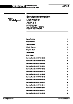 Whirlpool adp 3 t service manual cover integrated dishwasher showing service information and table of contents with spare parts list, exploded view, circuit diagram, program chart, test program, error codes, and service bulletins.