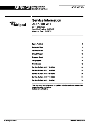 Whirlpool adp 300 wh service manual cover integrated dishwasher showing service information and table of contents with spare parts list, exploded view, circuit diagram, program chart, test program, error codes, and service bulletins.