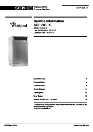 Whirlpool adp 301 ix service manual cover integrated dishwasher showing service information and table of contents with spare parts list, exploded view, circuit diagram, program chart, test program, error codes, and service bulletins.
