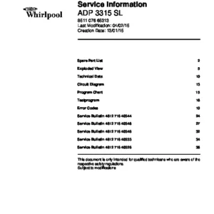 Whirlpool adp 3315 sl service manual cover integrated dishwasher showing service information and table of contents with spare parts list, exploded view, circuit diagram, program chart, test program, error codes, and service bulletins.