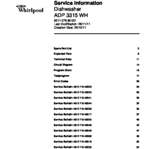 Whirlpool adp 3315 wh service manual cover integrated dishwasher showing service information and table of contents with spare parts list, exploded view, circuit diagram, program chart, test program, error codes, and service bulletins.