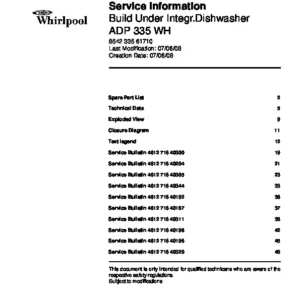 Whirlpool adp 335 wh service manual cover integrated dishwasher showing service information and table of contents with spare parts list, exploded view, circuit diagram, program chart, test program, error codes, and service bulletins.