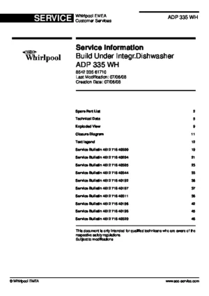 Whirlpool adp 335 wh service manual cover integrated dishwasher showing service information and table of contents with spare parts list, exploded view, circuit diagram, program chart, test program, error codes, and service bulletins.