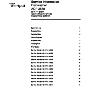 Whirlpool adp 3550 service manual cover integrated dishwasher showing service information and table of contents with spare parts list, exploded view, circuit diagram, program chart, test program, error codes, and service bulletins.