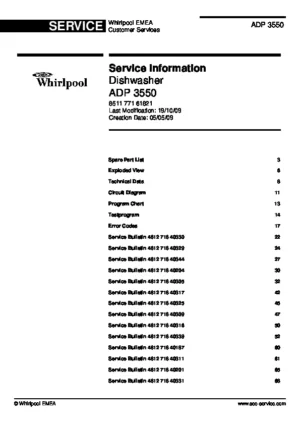 Whirlpool adp 3550 service manual cover integrated dishwasher showing service information and table of contents with spare parts list, exploded view, circuit diagram, program chart, test program, error codes, and service bulletins.