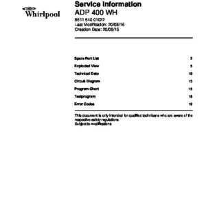Whirlpool adp 400 wh service manual cover integrated dishwasher showing service information and table of contents with spare parts list, exploded view, circuit diagram, program chart, test program, error codes, and service bulletins.