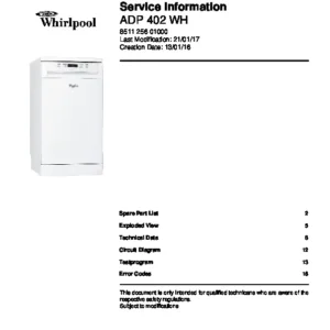 Whirlpool adp 402 wh service manual cover integrated dishwasher showing service information and table of contents with spare parts list, exploded view, circuit diagram, program chart, test program, error codes, and service bulletins.