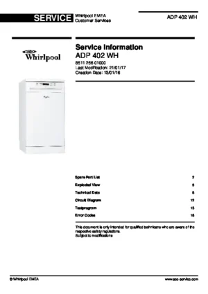 Whirlpool adp 402 wh service manual cover integrated dishwasher showing service information and table of contents with spare parts list, exploded view, circuit diagram, program chart, test program, error codes, and service bulletins.