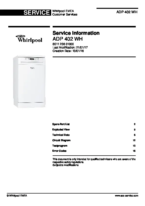 Whirlpool adp 402 wh service manual cover integrated dishwasher showing service information and table of contents with spare parts list, exploded view, circuit diagram, program chart, test program, error codes, and service bulletins.