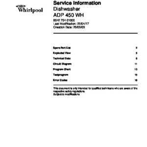 Whirlpool adp 450 wh service manual cover integrated dishwasher showing service information and table of contents with spare parts list, exploded view, circuit diagram, program chart, test program, error codes, and service bulletins.