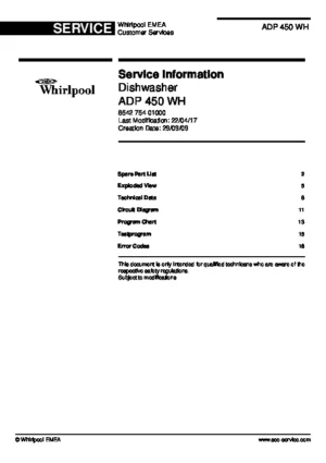 Whirlpool adp 450 wh service manual cover integrated dishwasher showing service information and table of contents with spare parts list, exploded view, circuit diagram, program chart, test program, error codes, and service bulletins.