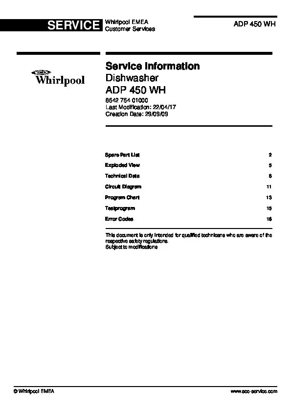 Whirlpool adp 450 wh service manual cover integrated dishwasher showing service information and table of contents with spare parts list, exploded view, circuit diagram, program chart, test program, error codes, and service bulletins.