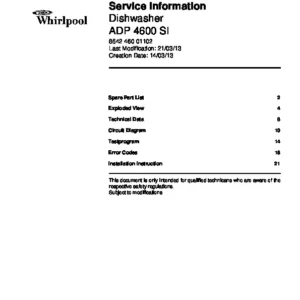 Whirlpool adp 4600 si service manual cover integrated dishwasher showing service information and table of contents with spare parts list, exploded view, circuit diagram, program chart, test program, error codes, and service bulletins.