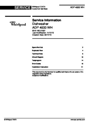 Whirlpool adp 4600 wh service manual cover integrated dishwasher showing service information and table of contents with spare parts list, exploded view, circuit diagram, program chart, test program, error codes, and service bulletins.