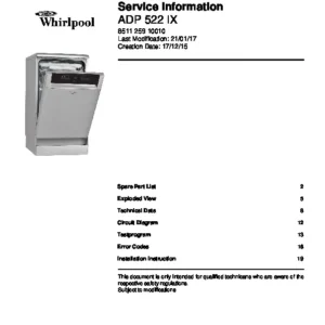 Whirlpool adp 522 ix service manual cover integrated dishwasher showing service information and table of contents with spare parts list, exploded view, circuit diagram, program chart, test program, error codes, and service bulletins.