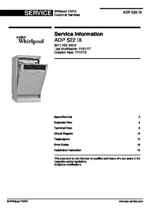 Whirlpool adp 522 ix service manual cover integrated dishwasher showing service information and table of contents with spare parts list, exploded view, circuit diagram, program chart, test program, error codes, and service bulletins.