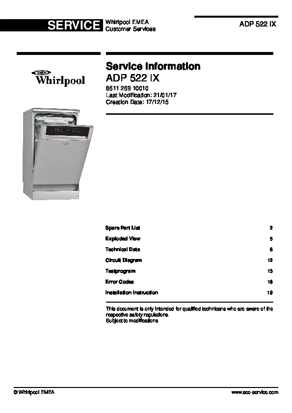 Whirlpool adp 522 ix service manual cover integrated dishwasher showing service information and table of contents with spare parts list, exploded view, circuit diagram, program chart, test program, error codes, and service bulletins.