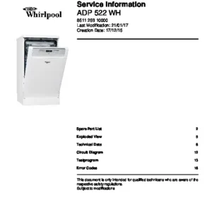 Whirlpool adp 522 wh service manual cover integrated dishwasher showing service information and table of contents with spare parts list, exploded view, circuit diagram, program chart, test program, error codes, and service bulletins.