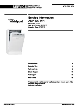 Whirlpool adp 522 wh service manual cover integrated dishwasher showing service information and table of contents with spare parts list, exploded view, circuit diagram, program chart, test program, error codes, and service bulletins.