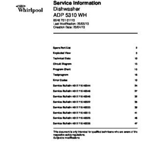 Whirlpool adp 5310 wh service manual cover integrated dishwasher showing service information and table of contents with spare parts list, exploded view, circuit diagram, program chart, test program, error codes, and service bulletins.
