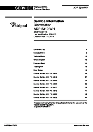 Whirlpool adp 5310 wh service manual cover integrated dishwasher showing service information and table of contents with spare parts list, exploded view, circuit diagram, program chart, test program, error codes, and service bulletins.