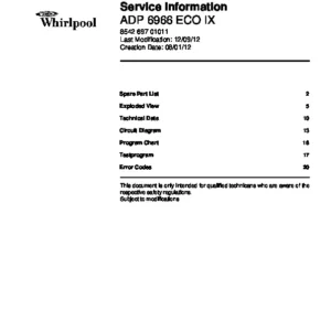 Whirlpool adp 6966 eco ix service manual cover integrated dishwasher showing service information and table of contents with spare parts list, exploded view, circuit diagram, program chart, test program, error codes, and service bulletins.