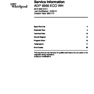 Whirlpool adp 6966 eco wh service manual cover integrated dishwasher showing service information and table of contents with spare parts list, exploded view, circuit diagram, program chart, test program, error codes, and service bulletins.